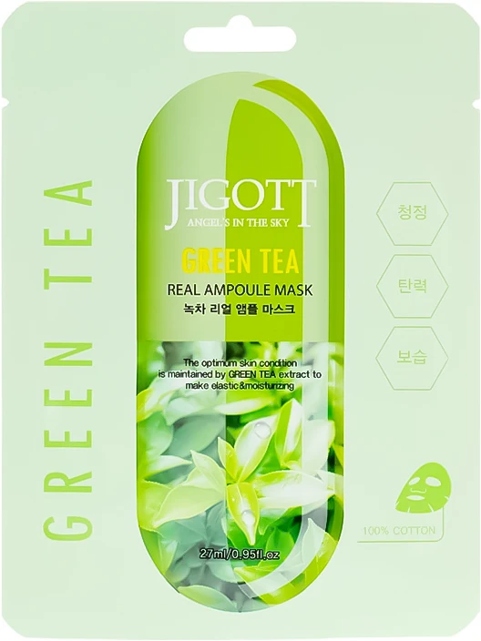 Jigott Žalias Tea Real Ampoule Mask - lakštinė veido kaukė su žaliosios arbatos ekstraktu, 27 ml