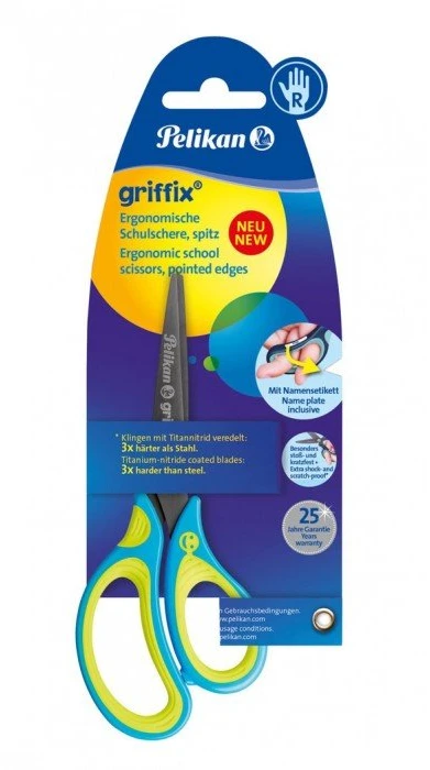 Pelikan Žirklės dešiniarank. GRIFFIX 15cm neon.gelt.-melsvos