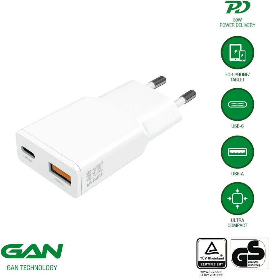4Smarts sieninis įkroviklis PDPlug Duos Slim 30W GaN 1C+1A baltas
