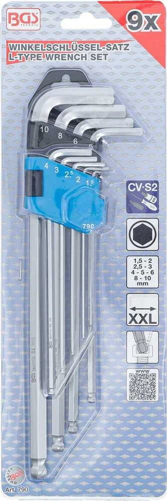 Bgs Technic L tipo raktų rinkinys | ilgas tipas | Hex šešiakampis / hex šešiakampis su šarnyru 1,5 - 10 mm | 9 vnt. (790)