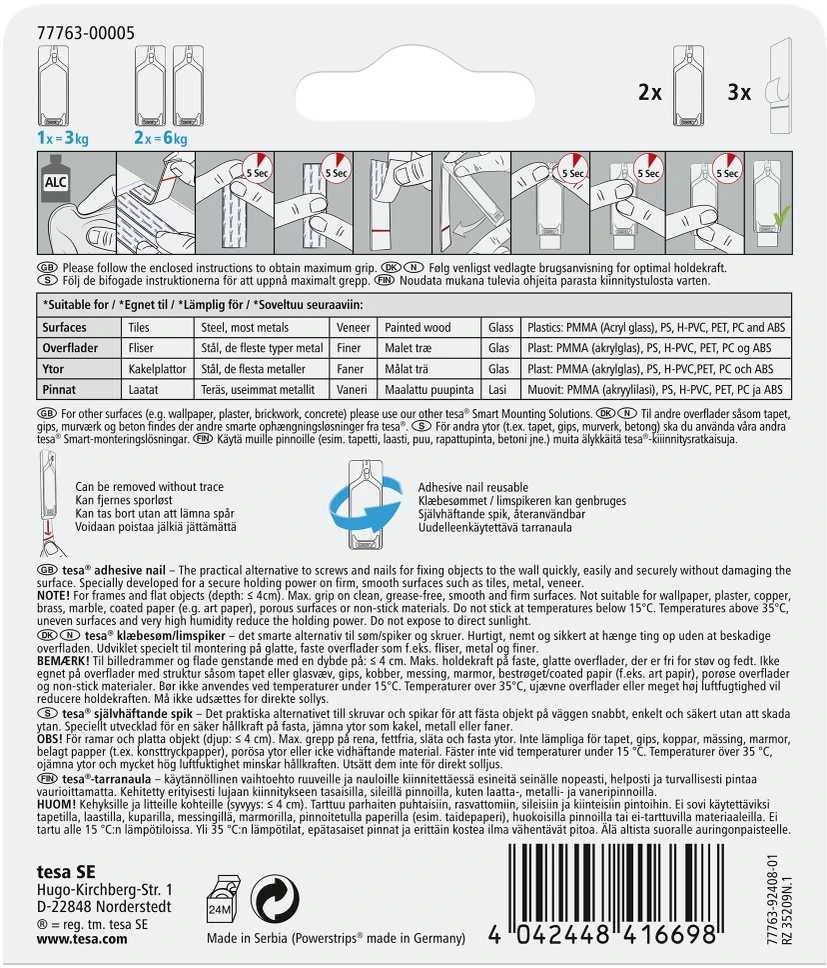 Tesa Kabliukai rėmelui pakabinti, 77763, 2X3 kg, plytelėms