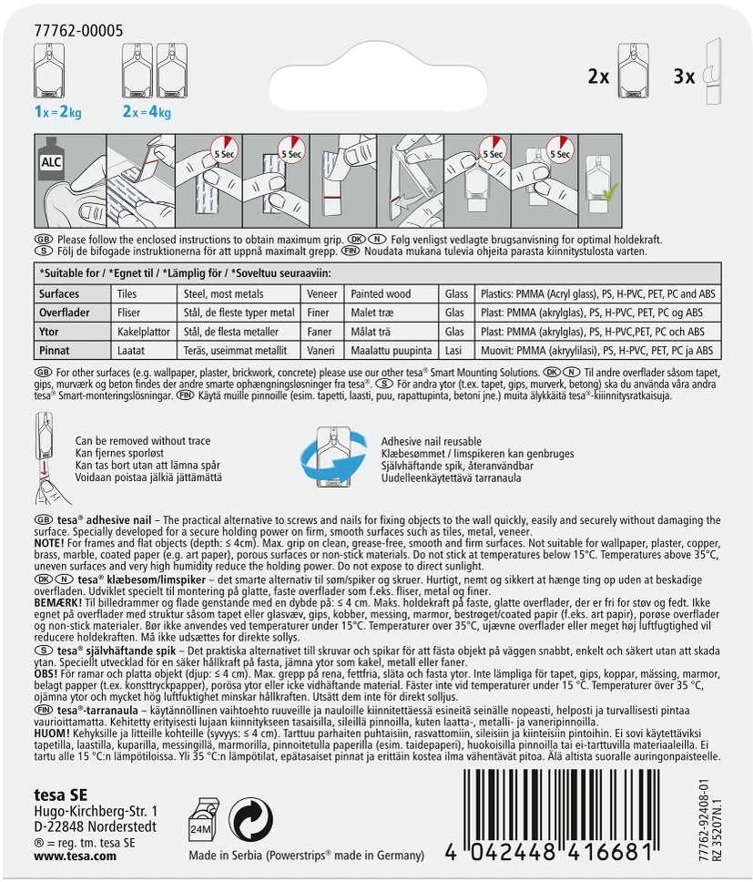 Tesa Kabliukai rėmeliui pakabinti, 77762, 2X2 kg, plytelėms