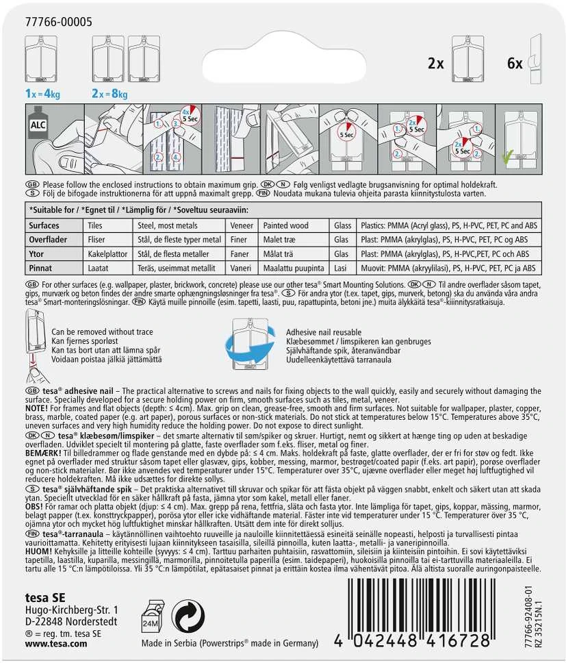Tesa Kabliukai rėmeliui pakabinti, 77766, 2X4 kg, plytelėms