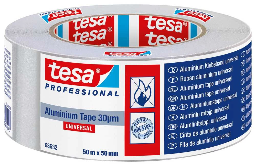 Alumīnija sloksne durvju spraugu blīvēšanai/ar alumīnija foliju pārsegtiem izolācijas materiāliem Tesa, 50 m x 50 mm