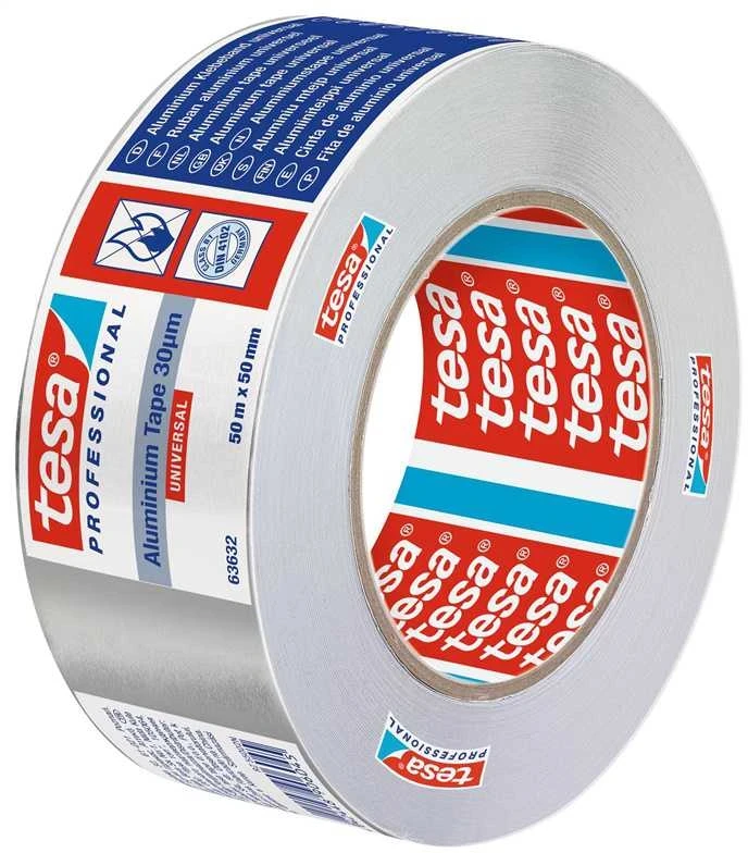 Alumīnija sloksne durvju spraugu blīvēšanai/ar alumīnija foliju pārsegtiem izolācijas materiāliem Tesa, 50 m x 50 mm