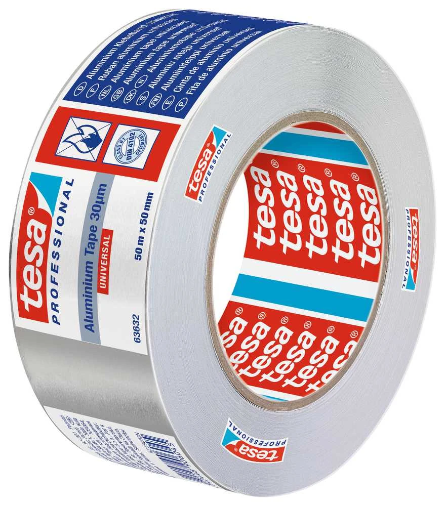 Alumīnija sloksne durvju spraugu blīvēšanai/ar alumīnija foliju pārsegtiem izolācijas materiāliem Tesa, 50 m x 50 mm