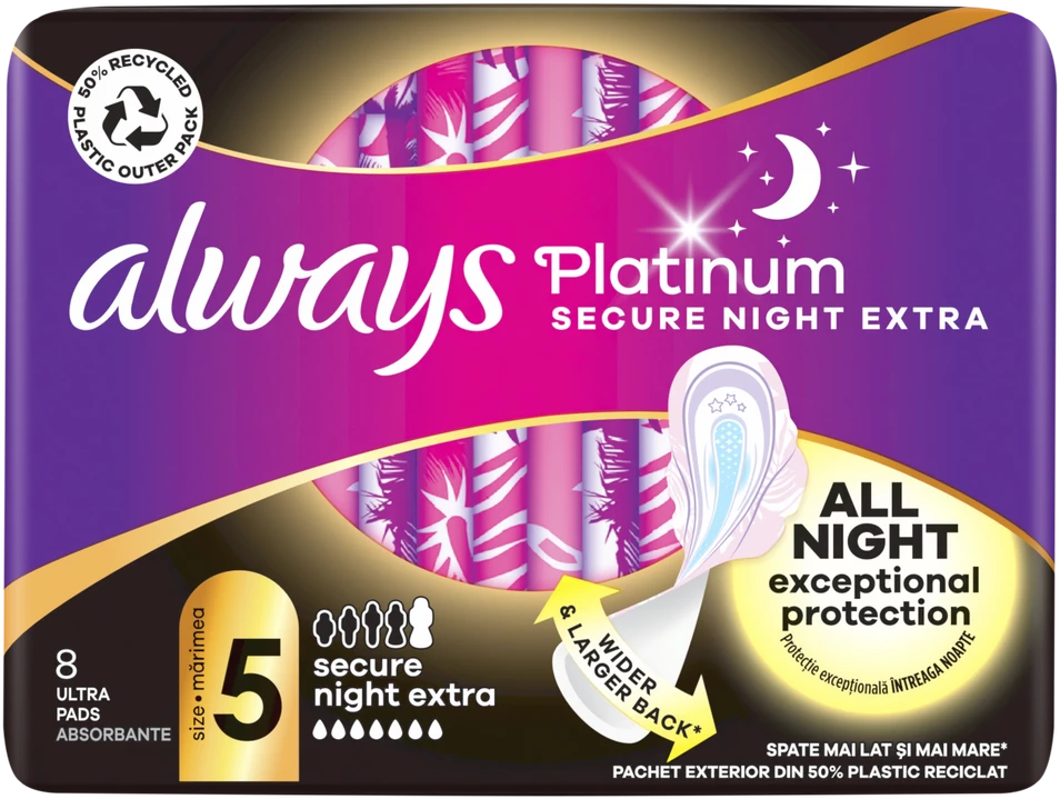 Always Platinum Secure Night Extra Size 5 Higieniniai Paketai su Sparneliais, 8 vnt.