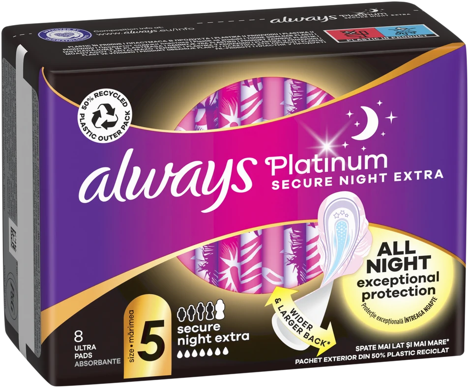 Always Platinum Secure Night Extra Size 5 Higieniniai Paketai su Sparneliais, 8 vnt.