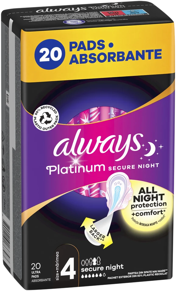 Always Platinum Secure Night Size 4 Higieniniai Paketai su Sparneliais, 20 vnt.