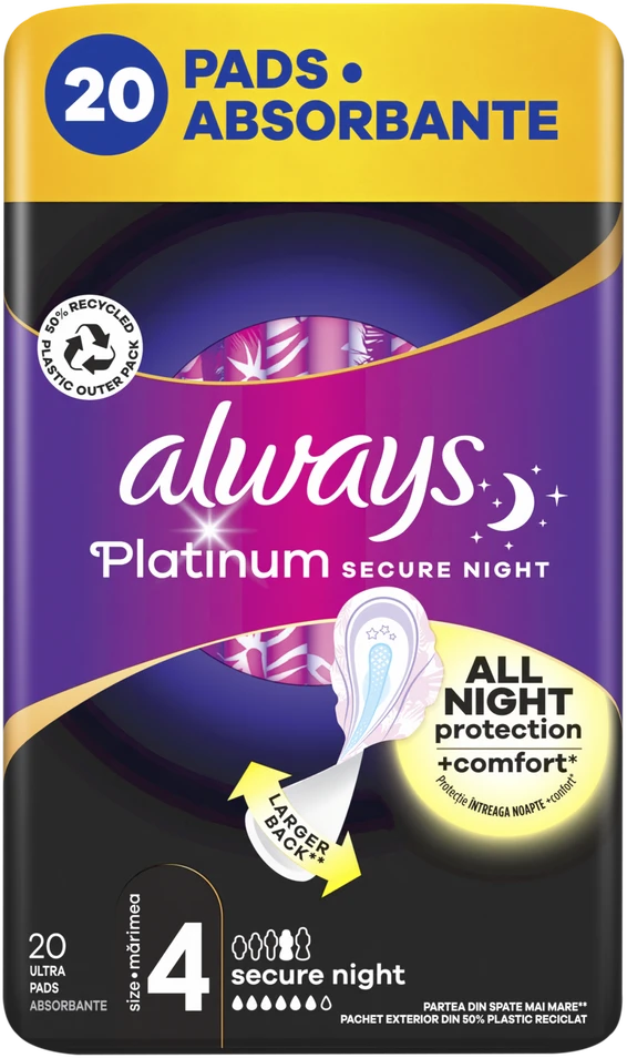 Always Platinum Secure Night Size 4 Higieniniai Paketai su Sparneliais, 20 vnt.