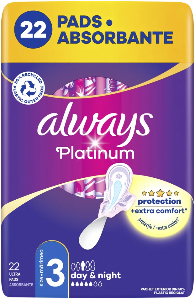 Always Platinum Size 3 Higieniniai Paketai su Sparneliais, Day & Night, 22 vnt.