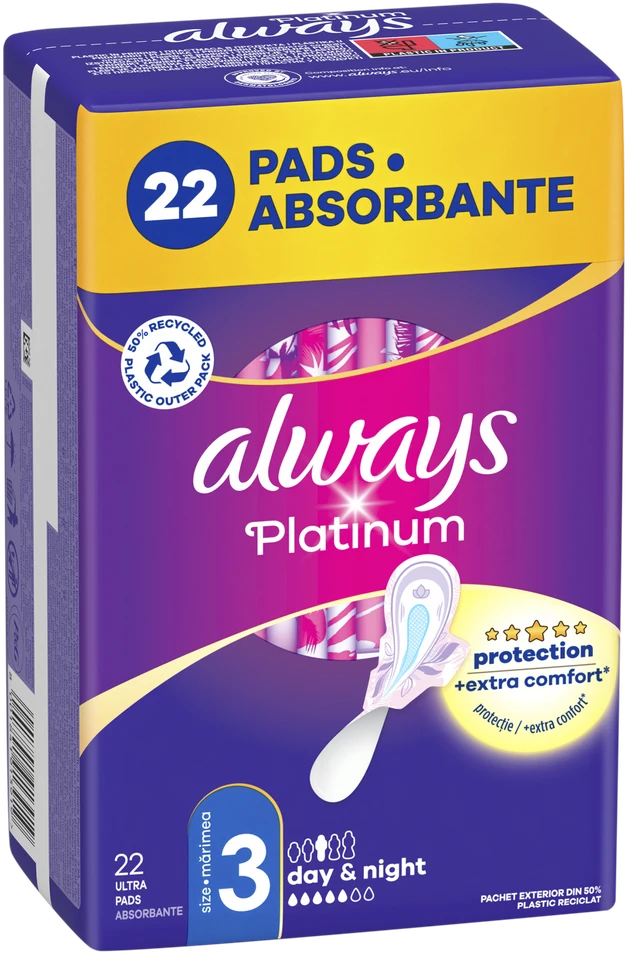 Always Platinum Size 3 Higieniniai Paketai su Sparneliais, Day & Night, 22 vnt.