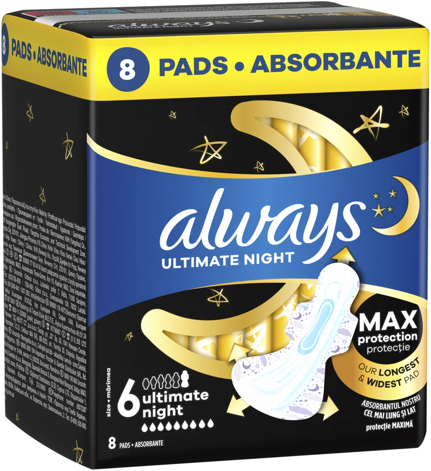 Always Ultimate Night Size 6 Higieniniai Paketai su Sparneliais, 8 vnt.