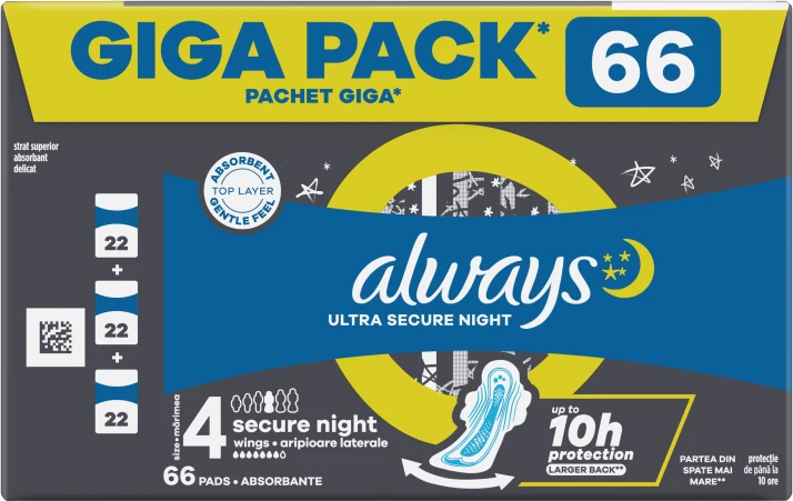 Always Ultra Secure Night Size 4 Higieniniai Paketai su Sparneliais, 66 vnt.