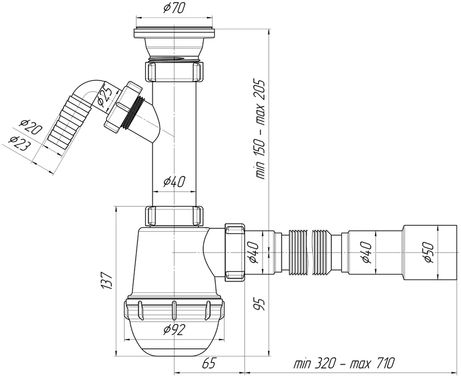 Ani Plast Sifonas Ani Grot 3 išvadai, 1/2"x40mm, su perpildymu