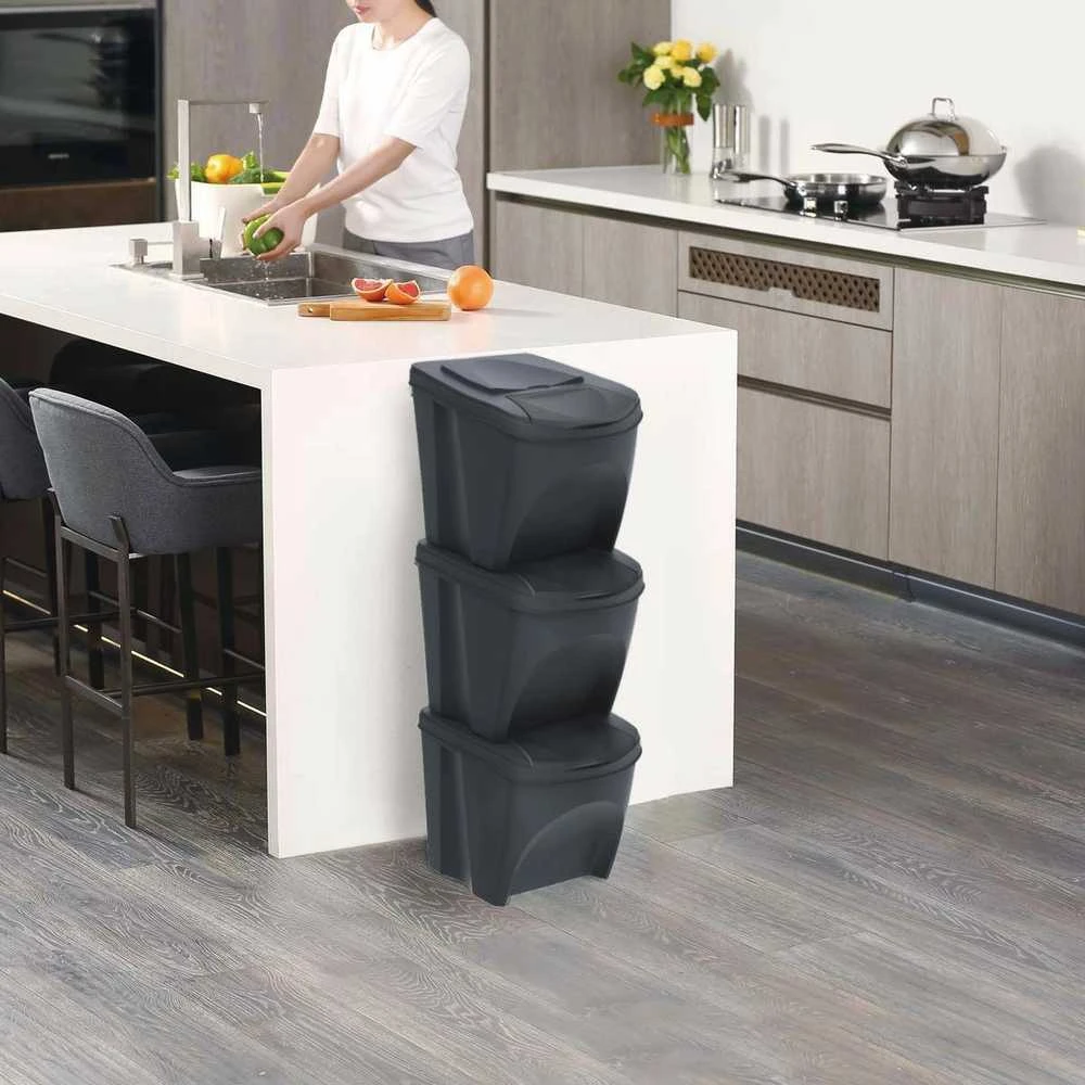 Prosperplast KEDEN ŠIUKŠLIADĖŽĖ SORTIBOX 25L RINKINYS 3 – ANTRACITO SPALVOS ECO WOOD