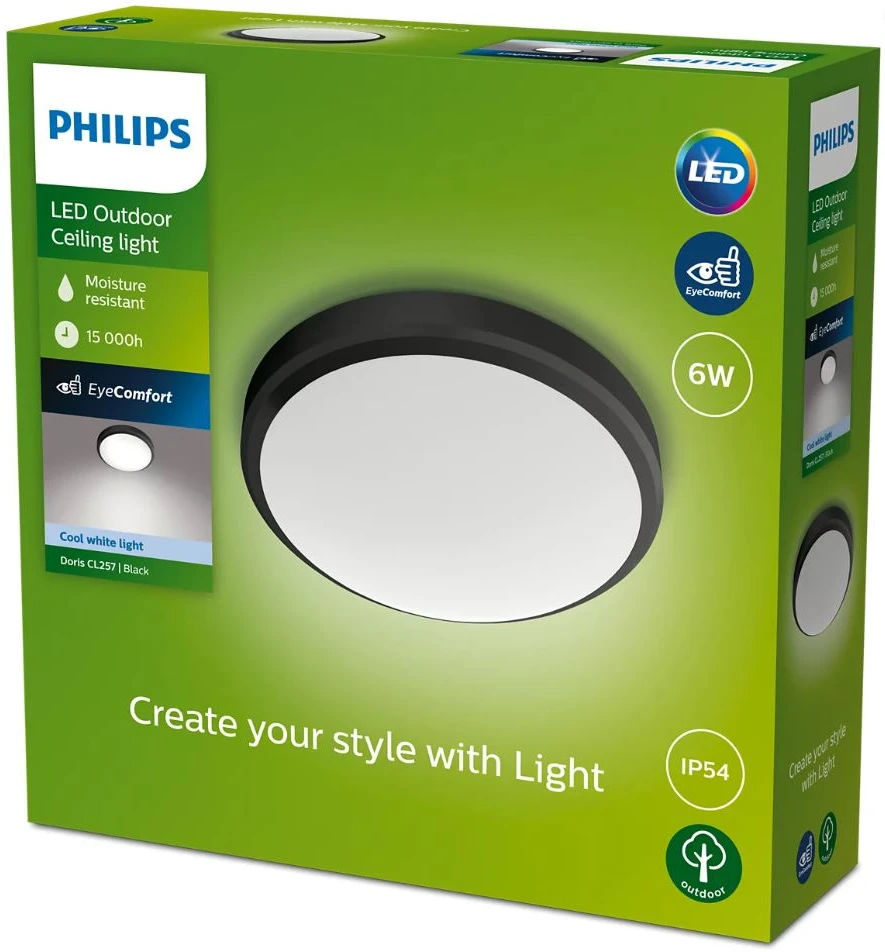 Āra griestu lampa Philips Doris, 6W, LED, IP54, melna krās., 22 cm x 7 cm
