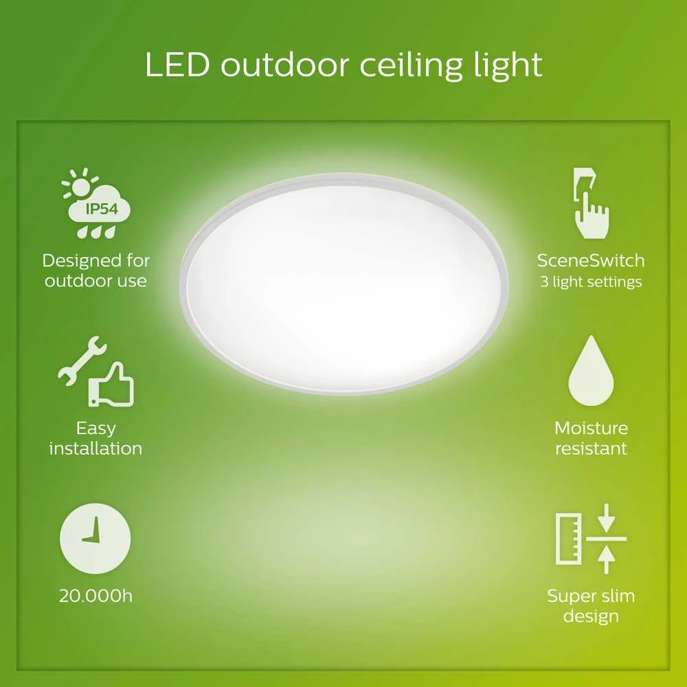Lubinis šviestuvas Šviestuvas Philips SuperSlim, 15W, LED, IP54, baltas, 25 cm