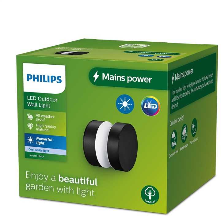 Sieninis šviestuvas LED šviestuvas PHILIPS LAVEN 929003362501, 6 W, IP44, juodas
