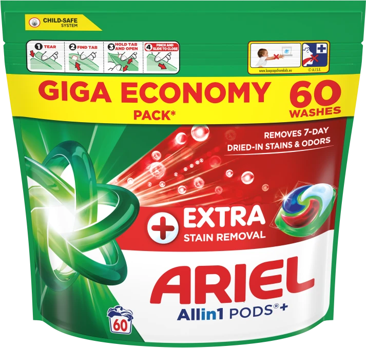 Ariel All-in-1 PODs +Extra Clean Power Skalbimo Kapsulės, 60 Skalb