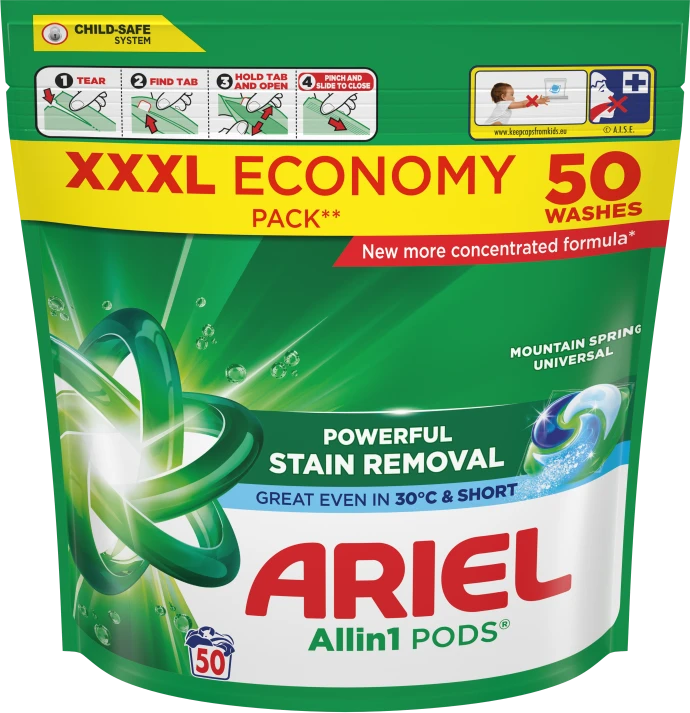 Skalbimo kapsulės Ariel All-in-1 Pods „Mountain Spring“, (50 skalbimų)