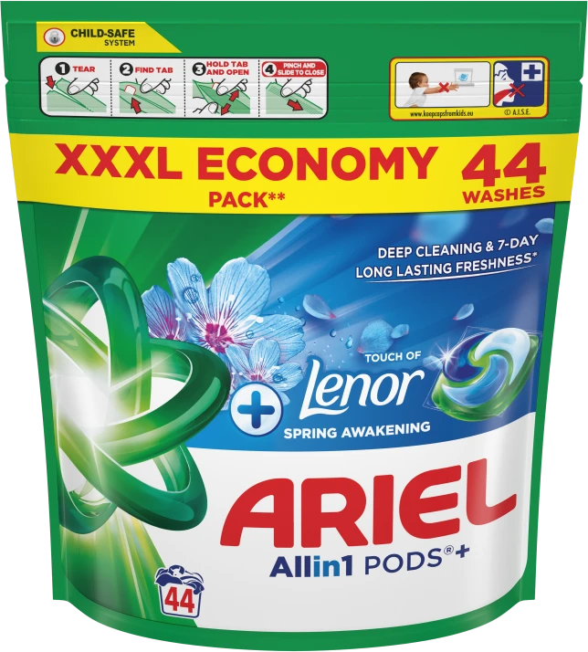 Ariel All-in-1 PODs +Touch of Fresh Air Lenor Skalbimo Kapsulės, 44 Skalb