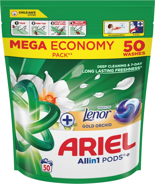 Ariel All-in-1 Pods Touch Of Lenor Gold Orchid Želinės Skalbimo Kapsulės, 50 Kapsulės