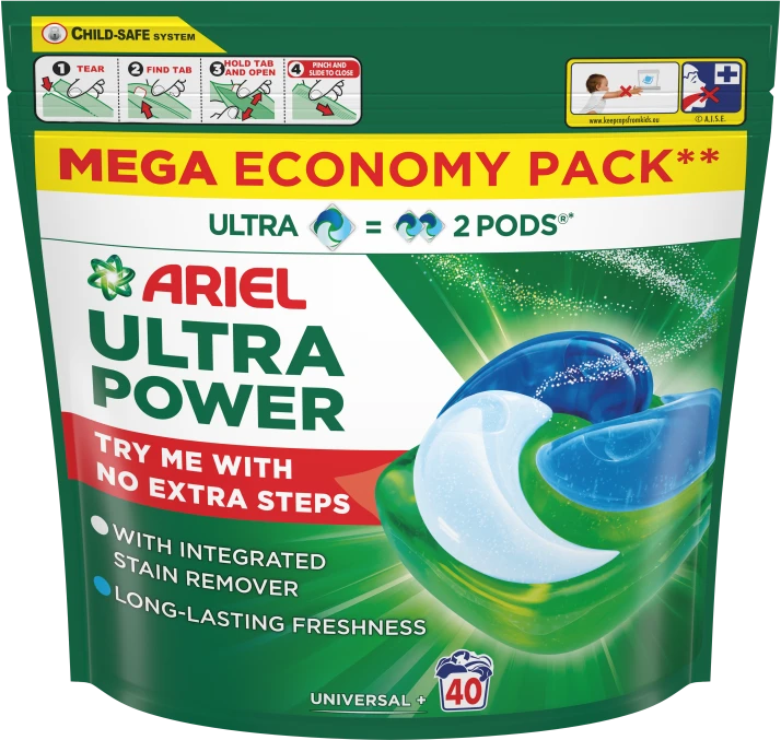 Ariel PODS Ultra Power Universal Želinės Skalbimo Kapsulės, 40 Kapsulės