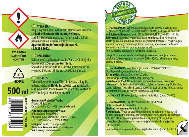 Mkds Dirvos priedai nuo kurmių ATAKA MOLES, 500 ml