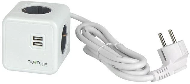Aura Line Buitinis ilgintuvas, 3 x 1,5 mm², 1.5 m, 4 lizdų, 2USB
