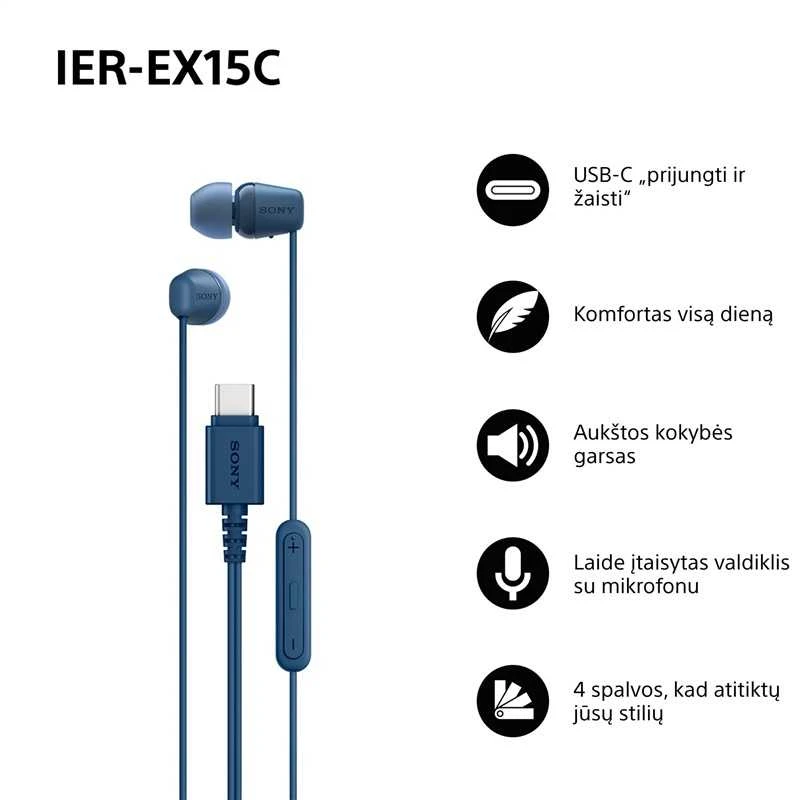 Sony Earbuds | IER‑EX15C | su laidu | į ausis įkišamos | Mikrofonas | Mėlyna