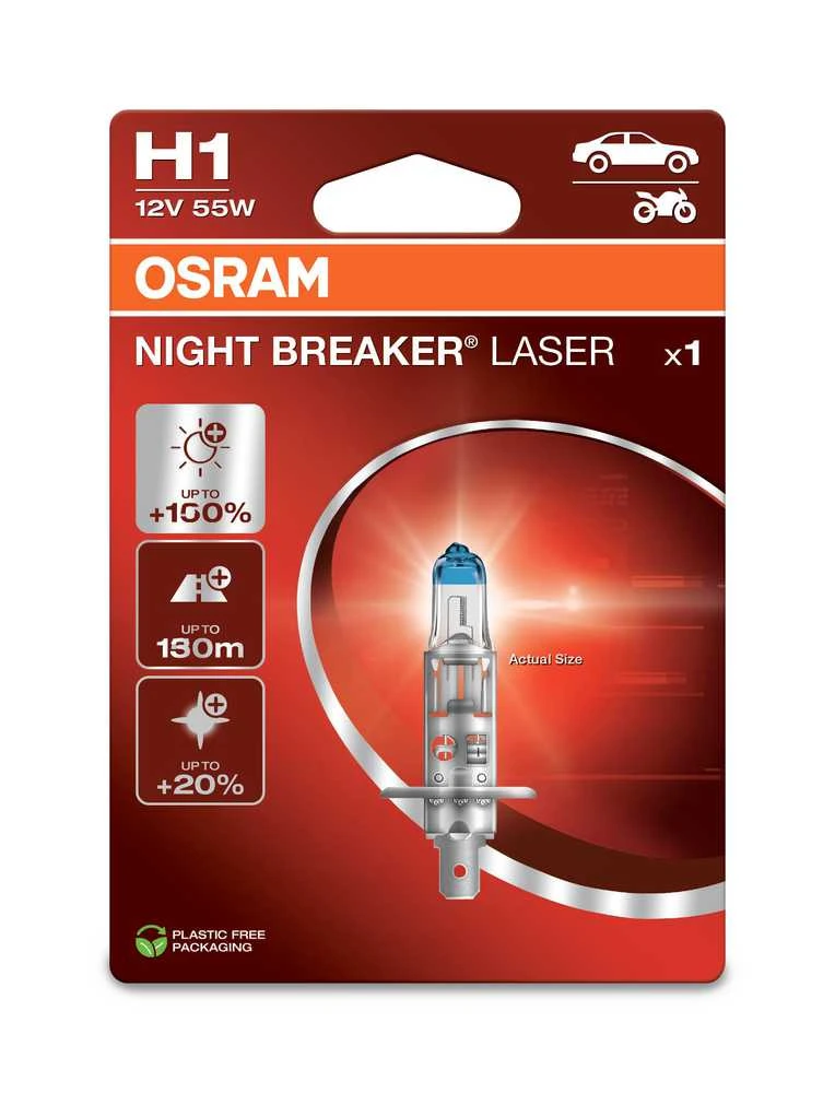 OSRAM Automobilinė lemputė NIGHT BREAKER LASER +150% H1 55W 12V P14.5S 1vnt