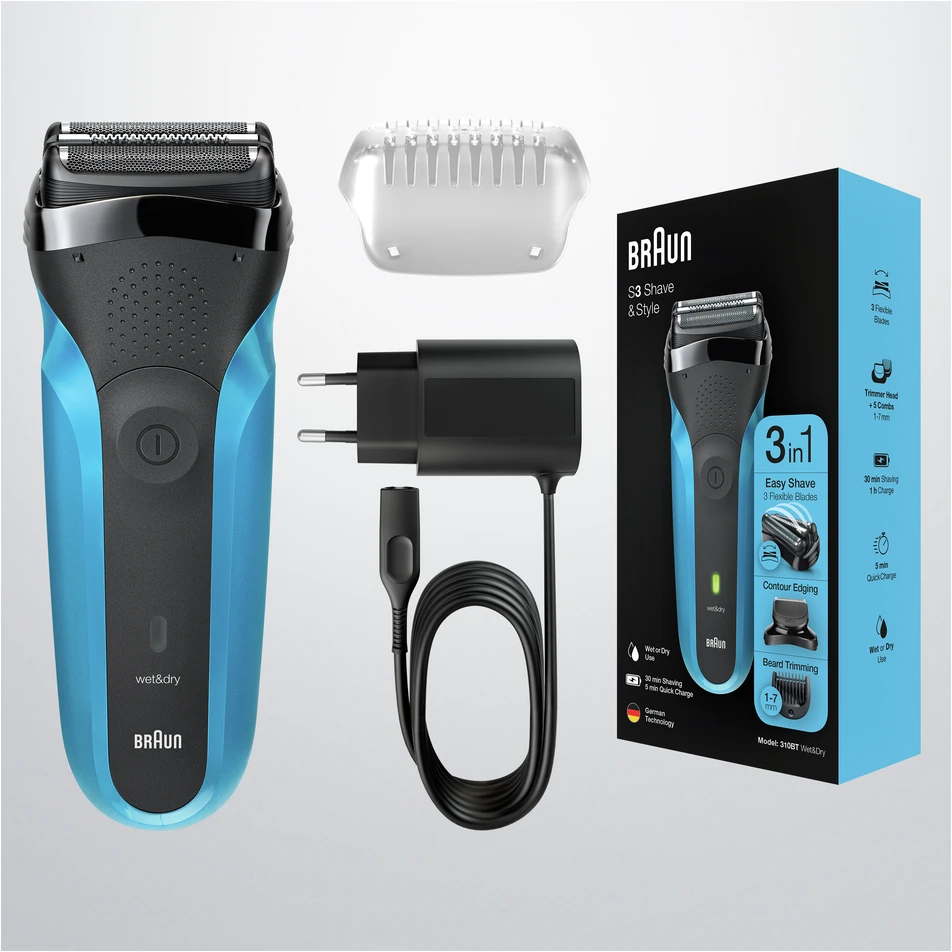 Barzdaskutė Braun Series 3 310BT Skustuvas Apkarpymo mašinėlė Juoda, Mėlyna