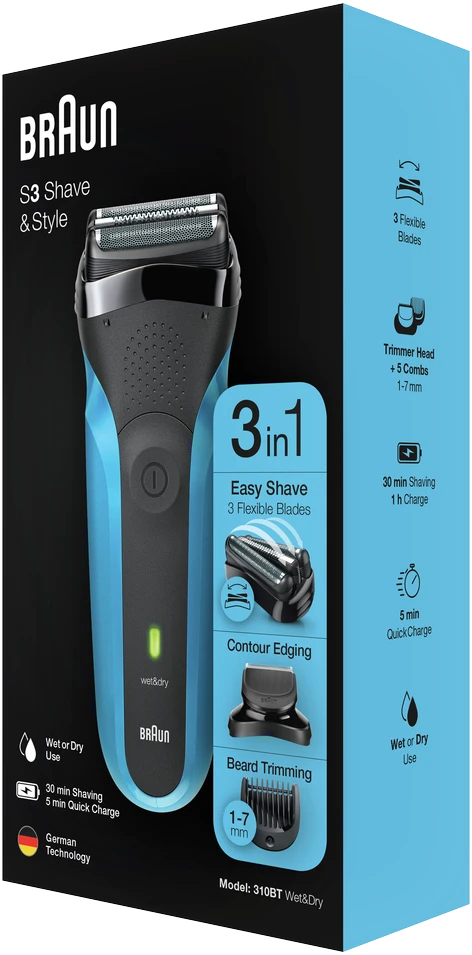 Barzdaskutė Braun Series 3 310BT Skustuvas Apkarpymo mašinėlė Juoda, Mėlyna