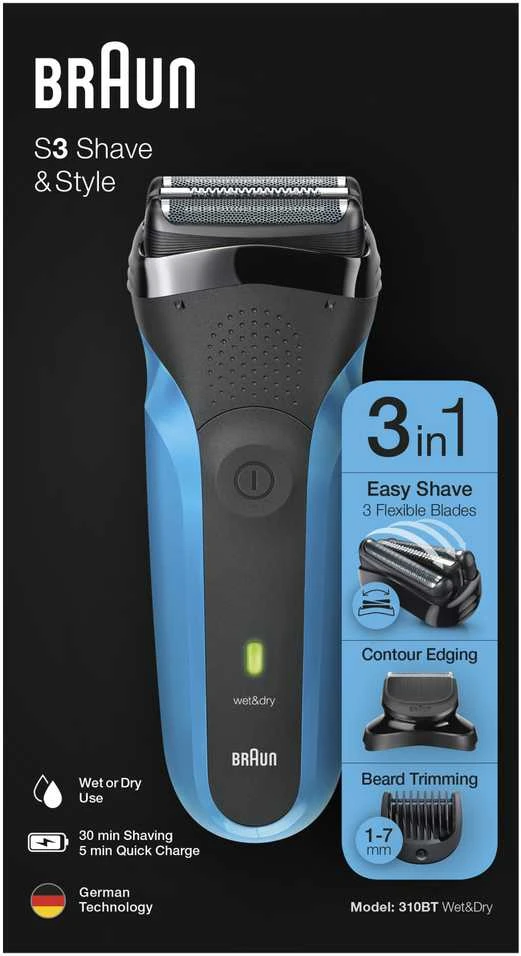 Barzdaskutė Braun Series 3 310BT Skustuvas Apkarpymo mašinėlė Juoda, Mėlyna