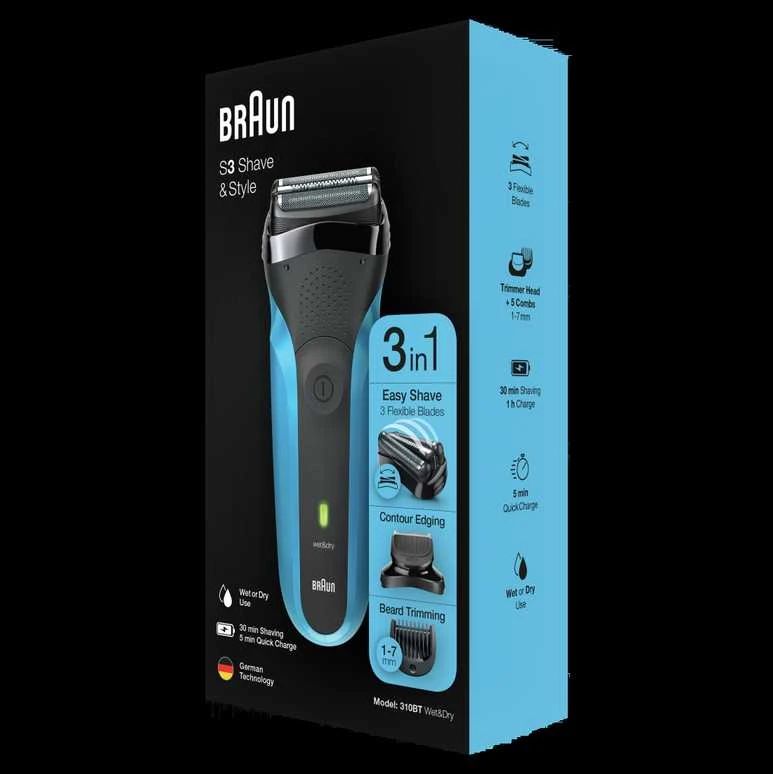 Barzdaskutė Braun Series 3 310BT Skustuvas Apkarpymo mašinėlė Juoda, Mėlyna