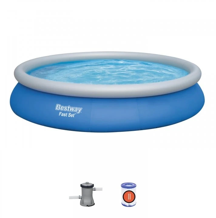 Bestway® Fast Set™ antžeminio baseino komplektas su filtravimo siurbliu Ø 457 x 84 cm, rotango išvaizdos (skalūno pilka), apvalus