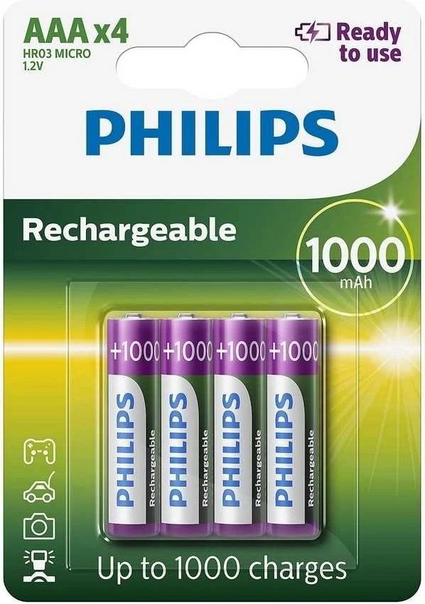 „Philips“ įkraunama baterija R03B4A95/10 - Įkraunama baterija - Nikelio-metalo hidrido (NiMH) - 1,2 V - 950 mAh - Įvairių spalvų - AAA