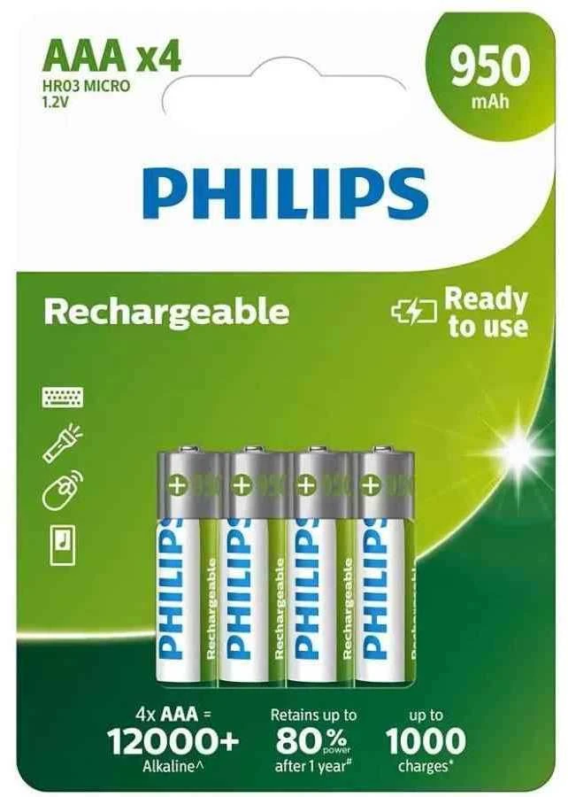 „Philips“ įkraunama baterija R03B4A95/10 - Įkraunama baterija - Nikelio-metalo hidrido (NiMH) - 1,2 V - 950 mAh - Įvairių spalvų - AAA