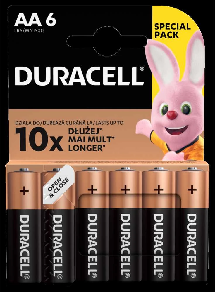 Duracell AA baterijų pakuotė po 6 vienetus