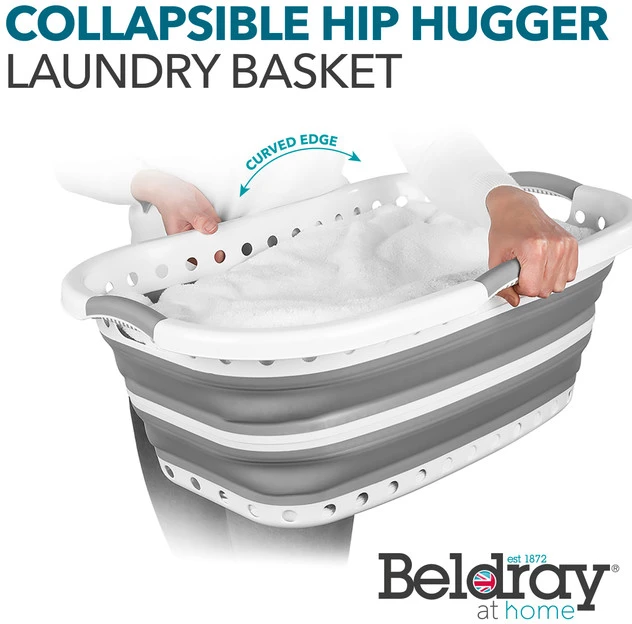 Beldray LA072979PGRYFEU7 Collapsible Hip Hugger Laundry Basket 37L, Baltas/Pilkas