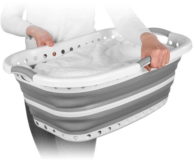 Beldray LA072979PGRYFEU7 Collapsible Hip Hugger Laundry Basket 37L, Baltas/Pilkas