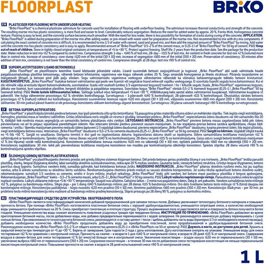 Betono plastifikatoriai Briko Plastifikatorius betonui Floorplast 4-108, 5 l