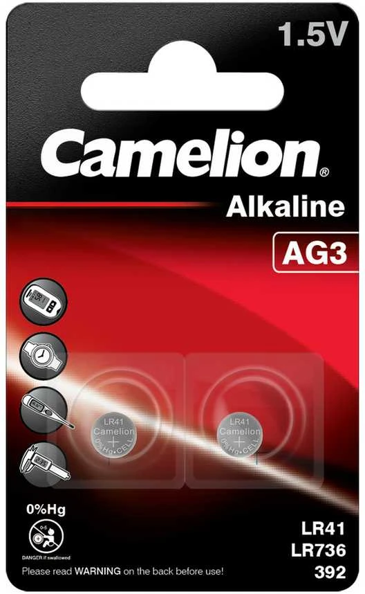 Mikro elementai be gyvsidabrio, LR41/AG3, 1,5V, CAMELION, 2 vnt.