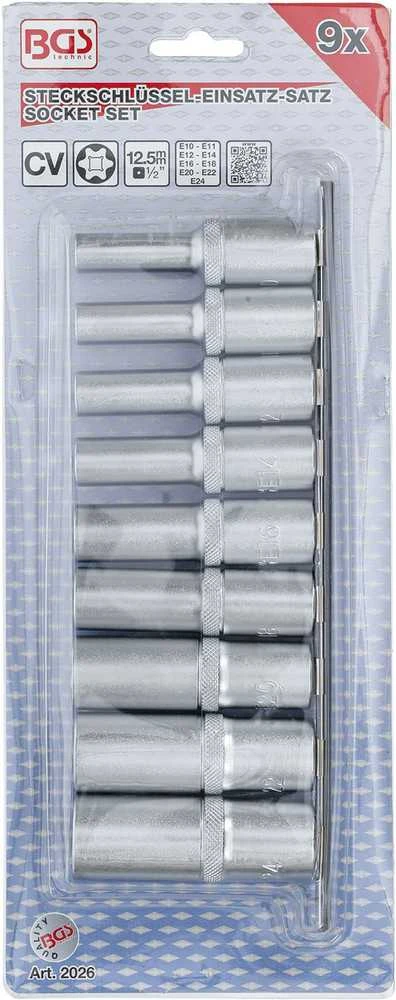 Bgs Technic Galvučių rinkinys E-Tipas | Ilgos | 12,5 mm (1/2") | E10 - E24 | 9 vnt. (2026)