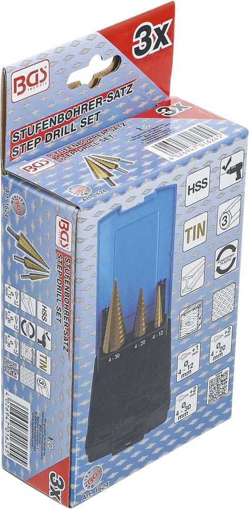 Grąžtas BGS Pakopinių grąžtų rinkinys – 4–30 mm – 3 vnt.