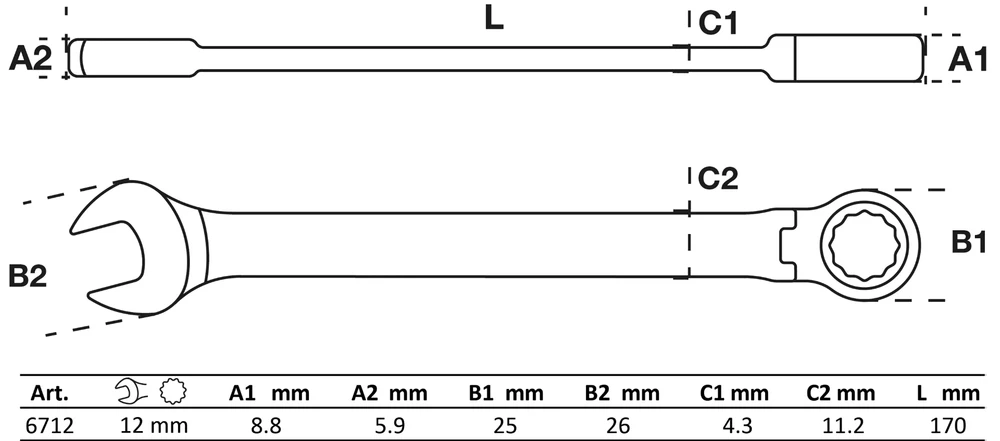 Bgs Technic Reguliuojamas terkšlinis kombinuotas raktas 12 mm (6712)