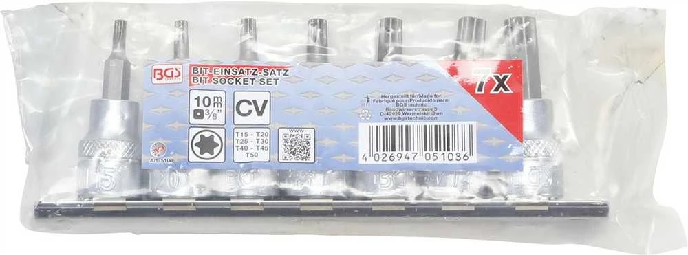 Grąžtas Bgs Technic Įpresuotų antgalių rinkinys | 10 mm (3/8") | T-Star (Torx) T15 - T50 | 7 vnt. (5108)