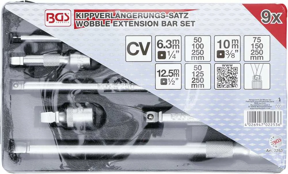 Grąžtas Bgs Technic Šarnyrinių ilgintuvų rinkinys | 6.3 mm (1/4") / 10 mm (3/8") / 12,5 mm (1/2") | 9 vnt. (2253)