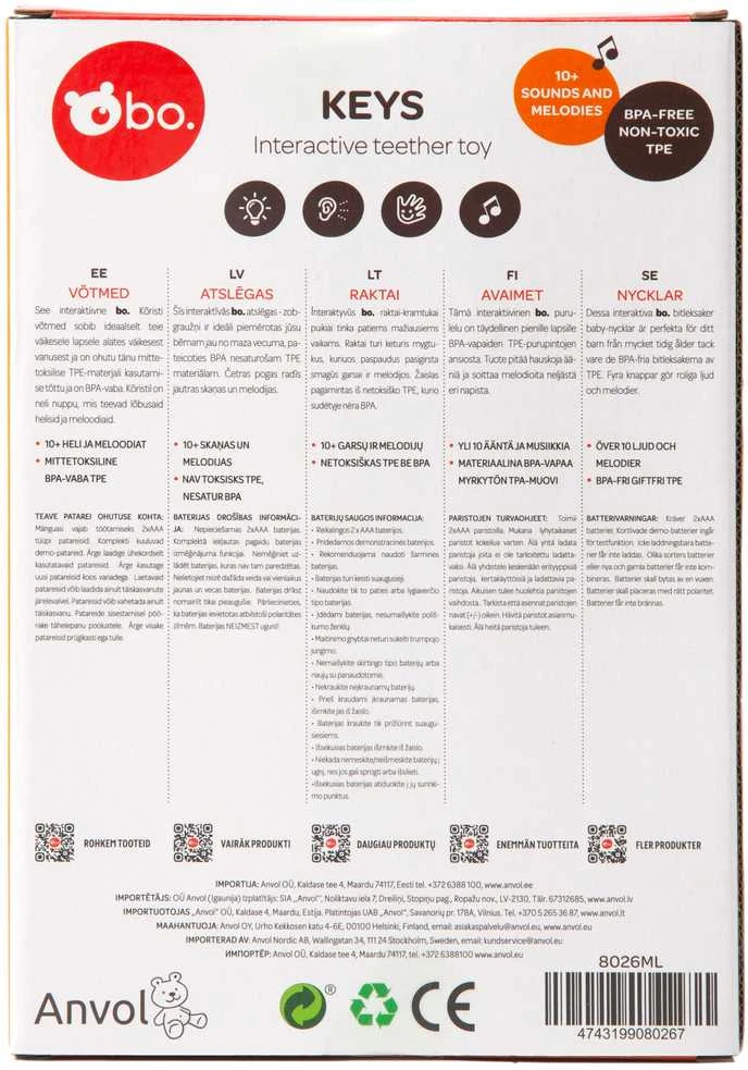 Interaktyvių raktų žaislo pakuotės nugarėlė su technine informacija